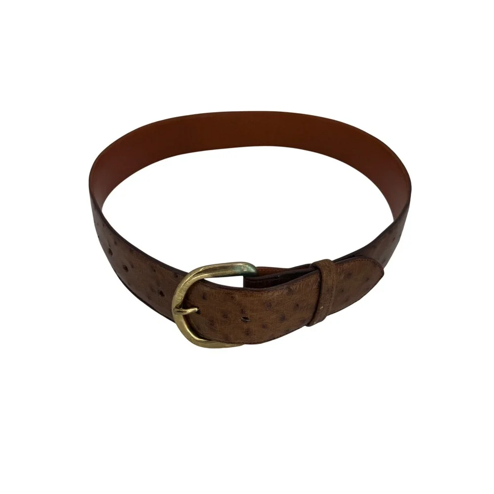 Little's San Antonio Ostrich Leather Belt Brown Brass Buckle Western‎ Texas 30